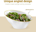 PLASTICPRO Angled Plastic Bowls Disposable Large Plastic White Serving Bowls with Gold Rim for Party for Appetizer Salads Pack of 4