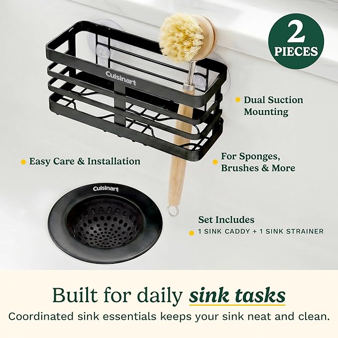 Cuisinart 2 Piece Sink Set – Sink Drain Strainer with Stainless Steel Rim & Silicone Mesh Base & Sponge Holder for Kitchen Sink, Metal Caddy with Triple Suction Cups, Daily Kitchen Essentials