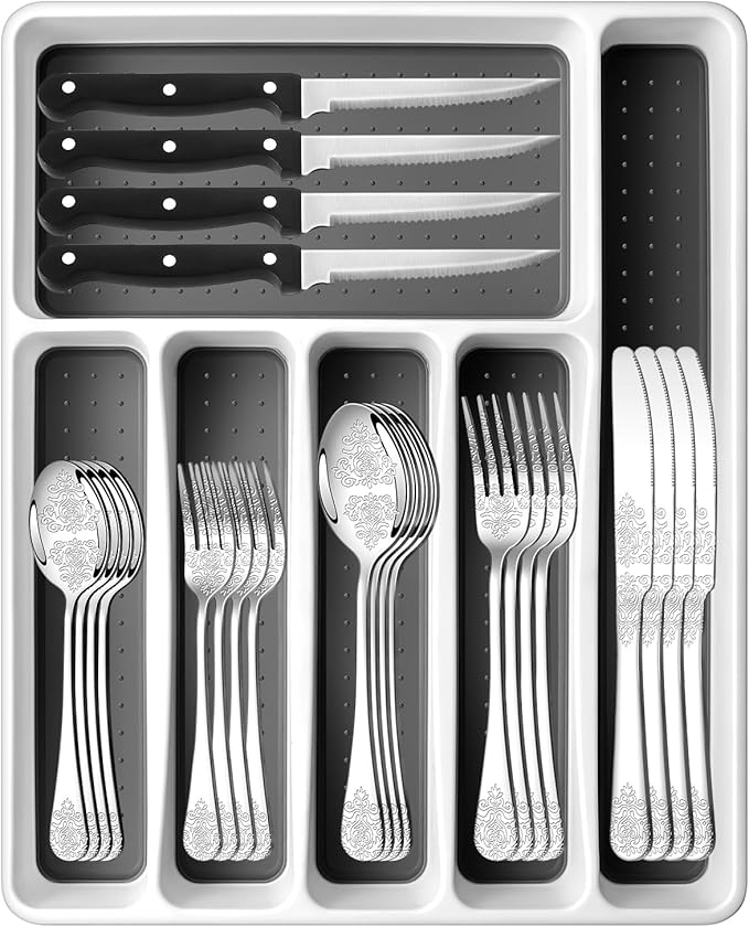 49PCS Silverware Set for 8 with Flatware Drawer Organizer, Stainless Steel Cutlery Set with Steak Knives, Include Spoons and Forks Set, Carving floral patterns, Dishwasher Safe
