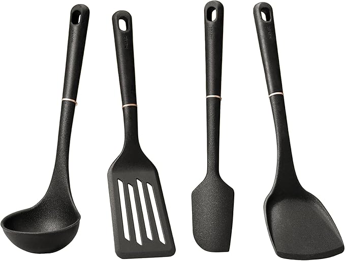 Meyer Tools/Cooking Utensils Set for Non Stick Cookware, 4 Piece: Silicone Ladle, Wok Turner, Spatula and Nylon Flipper, Heat Resistant Silicone Handles, Matte black