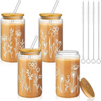 Mumufy 4 Pack Bridesmaid Gift Glass Cups, Cute Flower Mason Jars with Bamboo Lids & Straws, 16oz Iced Coffee Tumblers for Wedding, Bridal Party, Birthday, Mother's Day(Boho Floral)