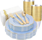 NOCCUR 175PCS Blue Plastic Plates with Gold Disposable Silverware - Include 50 Light Blue and Gold Plastic Plates,25 Knives,25 Forks,25 Spoons,25 Cups and 25 Napkins - Easter Day/Spring Party