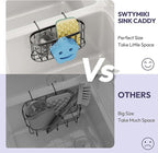 SWTYMIKI Sponge Holder for Kitchen Sink - Movable Sink Caddy with Smiley Face Sponge Holder, Rustproof Hanging Sponge Organizer in Double Bowl Sinks Depth>3.15in, Middle Divider<1.5in, Black