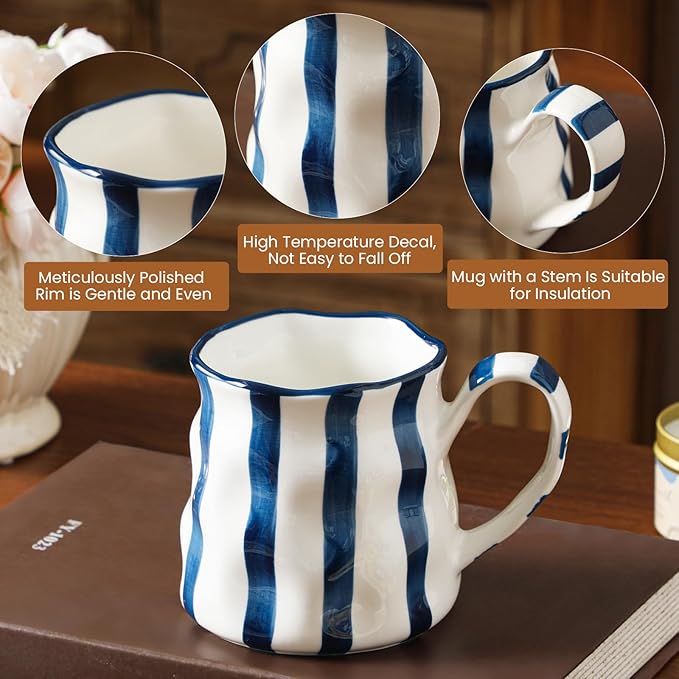 Ceramic Coffee Mugs Set of 4,Cute Mugs (Striped),14 oz Large Cups For Latte Tea Milk，Hand Painted Coffee Mugs Set Dishwasher Microwave Safe