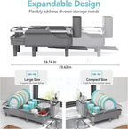 Urackify Expandable Dish Rack for Kitchen Counter, 16.14"-23.62" Large Stainless Steel Dish Drying Rack with Adjustable Water Spout, Space Saving Dish Drainer with Auto Draining Cutlery Holder,Grey