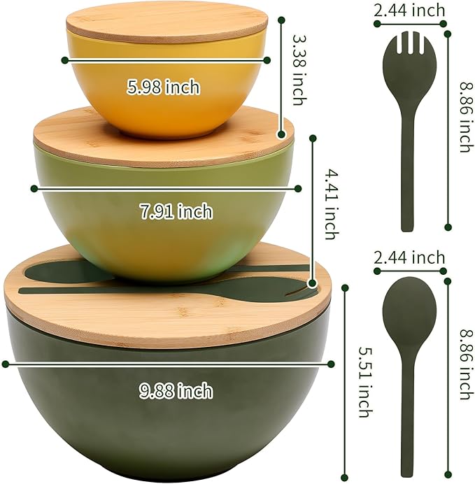 ECOWAY Salad Bowls Set of 3 with Lid & Serving Utensils, Colorful Serving Bowls, Bamboo Fiber Salad Bowls with Bamboo Lid, Kitchen Bowls for Salad, Kitchen Eating, Pasta, Popcorn, Fruit (3 Colors)