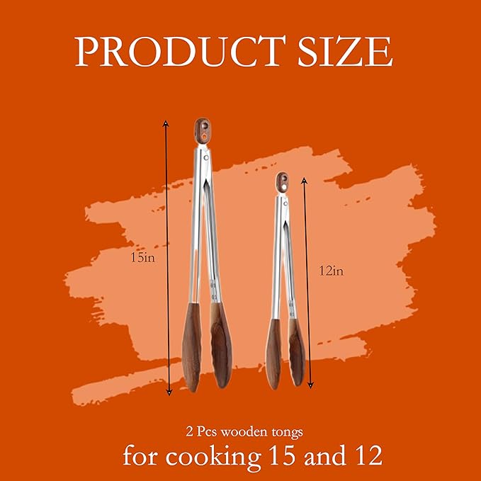 Walnut-Tip Wooden Cooking Tongs, 2-Pack Heat-Resistant & Anti-Slip Kitchen Tongs with Smooth Locking Design, Perfect as Serving Utensils for Salad, Grilling, and a Versatile Cooking Set