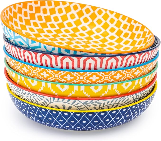KitchenTour Pasta Bowls 26 Ounce, Porcelain Salad Bowls Serving Bowls Set of 6, 8 inch Ceramic Soup Bowls Dinner Bowls, Dishwasher and Microwave Safe, Assorted Colors