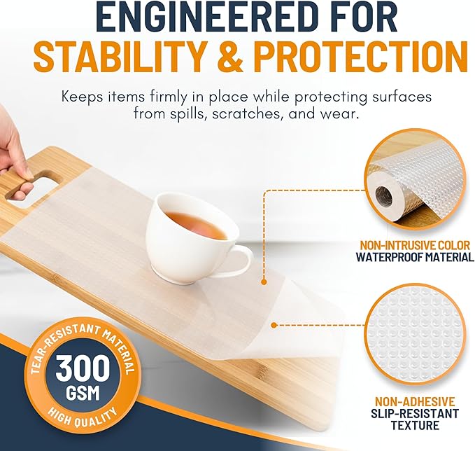 Shelf Liner Drawer Liner for Kitchen Cabinets Non-Adhesive by Linda’s Essentials (12 x 120 Inches) - Non-Slip Easy Clean Kitchen Cabinet and Cupboard Protector, Waterproof Mat, Clear Roll