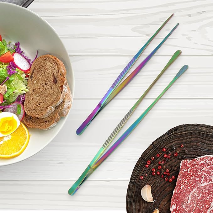 12 Inch & 10 Inch Fine Long Tweezers Tongs Stainless Steel, Rainbow Professional Kitchen Tweezers Tongs for Cooking, BBQ, Plating, Repairing (Pack of 4)