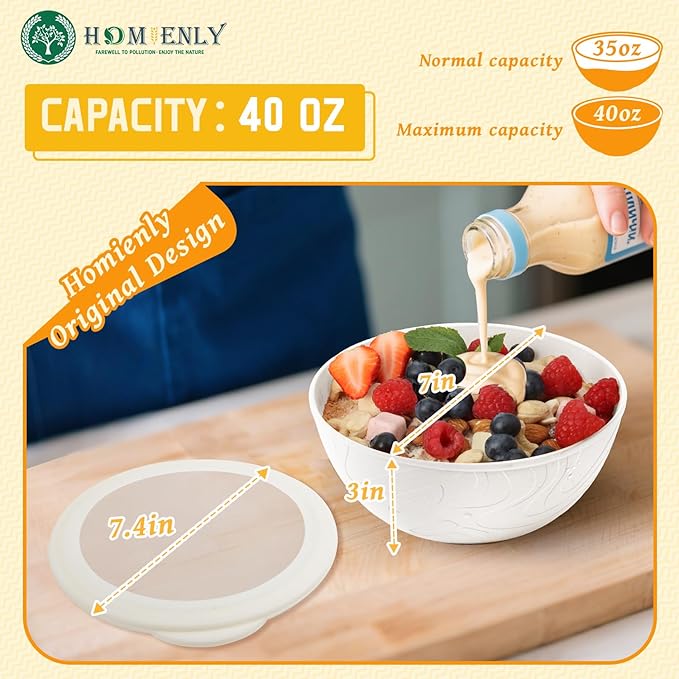 Homienly Wheat Straw Cereal Bowls with Lids, Unbreakable Plastic Bowls Set of 4, Microwave and Dishwasher Safe Food Storage Container for Lunch, Soup, Ramen, 40 OZ Bowls with Curved Texture, White