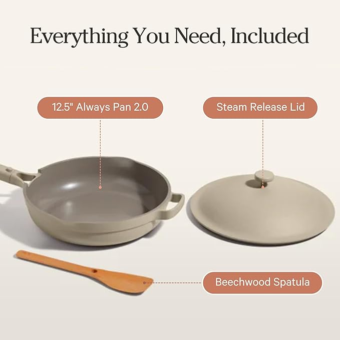 Our Place Large Always Pan | 12.5" Ceramic Pan with Modular Lid & Beechwood Spatula | Patented 10-in-1 Nonstick, Non-Toxic Cookware Made Without PFAS | Induction & Oven-Safe up to 450°F | Steam