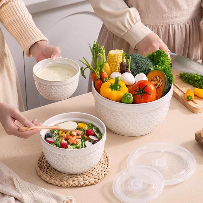 Ceramic Mixing Bowls 3-Piece: Nesting Ceramic Bowls with Lids - Microwave Safe for Kitchen Baking and Serving - Ideal for Home Bakers (White)
