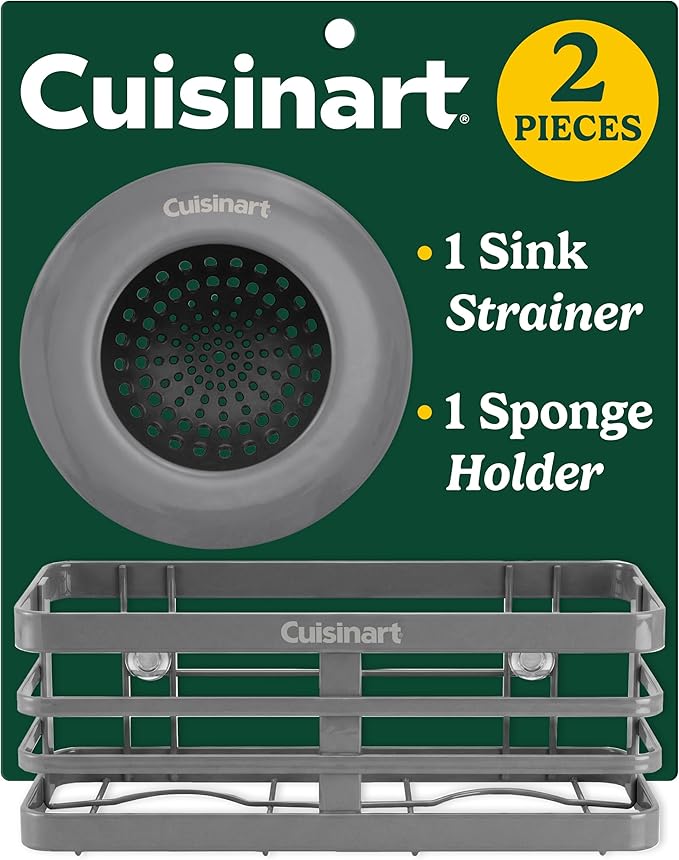 Cuisinart 2 Piece Sink Set – Sink Drain Strainer with Stainless Steel Rim & Silicone Mesh Base & Sponge Holder for Kitchen Sink, Metal Caddy with Triple Suction Cups, Daily Kitchen Essentials