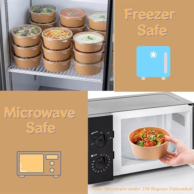 Lyellfe 50 Pack Kraft Paper Bowls with Lid, 25 Oz Disposable Soup Salad Serving Bowls, To Go Food Container for Party Dessert, Ice Cream, Yogurt, Microwave Freezer Safe