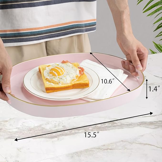 MAONAME Pink Decorative Tray, Oval Serving Tray with Handles, Plastic Trays for Coffee Table, Ottoman Trays for Living Room, Bathroom, 15.6" X 10.6" X 1.4"