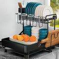 Dish Drying Rack for Kitchen Counter, Stainless Steel 2 Tier Dish Rack w Drainboard, Foldable 360° Rotatable & Expandable Drainer, Space-Saving Dish Strainers for Kitchenware