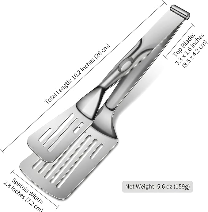 Durable 304 Stainless Steel Spatula Tongs, Rust-Proof 2-in-1 Cooking Tongs for High Heat, Solid One-Piece Design Food Turner, Professional Kitchen Essential