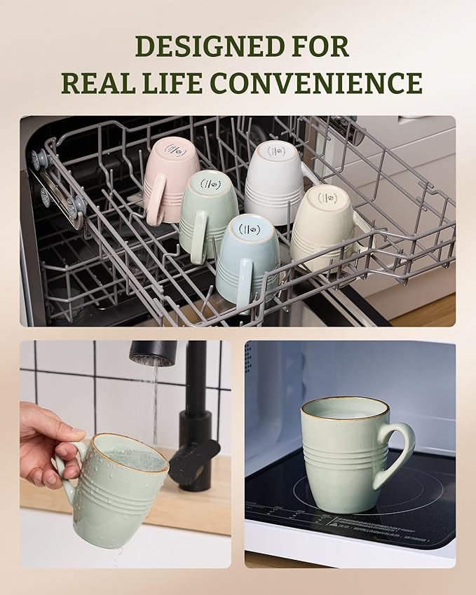 famiware Jupiter Coffee Mugs Set of 6, 13 oz Coffee Mug, Microwave and Dishwasher Safe, Coffee Cups with Handle for Coffee, Tea, Cocoa, Milk, Light Green
