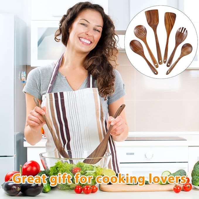 12Pcs Teak Spoons Set Sturdy Cooking Utensils Set with Hanging Hole Wooden Spoons Wood Spatula Spoon Comfortable Grip Colander Fork Set for Kitchen Cooking