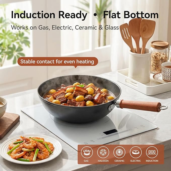 Cast Iron Wok with Lid, 10.2 Inch Flat Bottom Small Wok, Handcrafted Uncoated Iron Wok Stir Fry Pan with Wooden Handle, Tortoise Shell Texture, for Gas Electric Induction