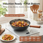 Cast Iron Wok with Lid, 10.2 Inch Flat Bottom Small Wok, Handcrafted Uncoated Iron Wok Stir Fry Pan with Wooden Handle, Tortoise Shell Texture, for Gas Electric Induction