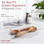 12 Pack Large Drawer Organizer Bins - Clear Plastic Bathroom Drawer Organizer Trays - Heavy Duty Kitchen Drawer Dividers for Utensils - Non-Slip Storage Bins for Makeup, Bedroom, Office Desk