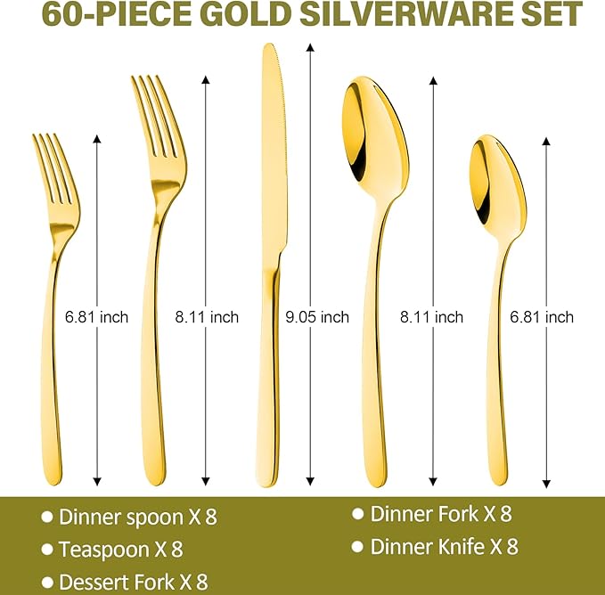 60 Pieces Gold Silverware Set for 12 Stainless Steel Shiny Gold Flatware Set for 12 Cutlery Tableware Set Utensil Set Include Mirror Polished Dinner Knife, Fork, Spoon for Home Restaurant and Wedding