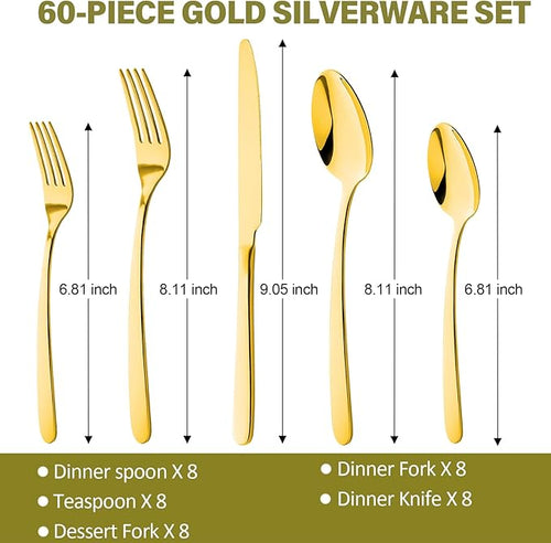 60 Pieces Gold Silverware Set for 12 Stainless Steel Shiny Gold Flatware Set for 12 Cutlery Tableware Set Utensil Set Include Mirror Polished Dinner Knife, Fork, Spoon for Home Restaurant and Wedding