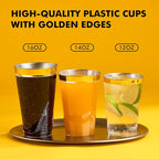RACETOP 100 Pack 14oz Gold Rimmed Plastic Cups, Heavy Duty Disposable Glasses, Elegant Gold Rimmed Disposable Hard Cups for Party, Thanksgiving, Wine Taesting, Birthday and Christmas.