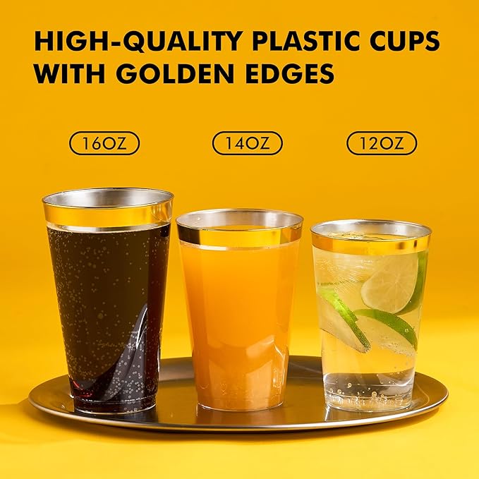 RACETOP 100 Pack 16oz Gold Rimmed Plastic Cups, Heavy Duty Disposable Glasses, Elegant Gold Rimmed Disposable Hard Cups for Party, Thanksgiving, Wine Taesting, Birthday and Christmas.