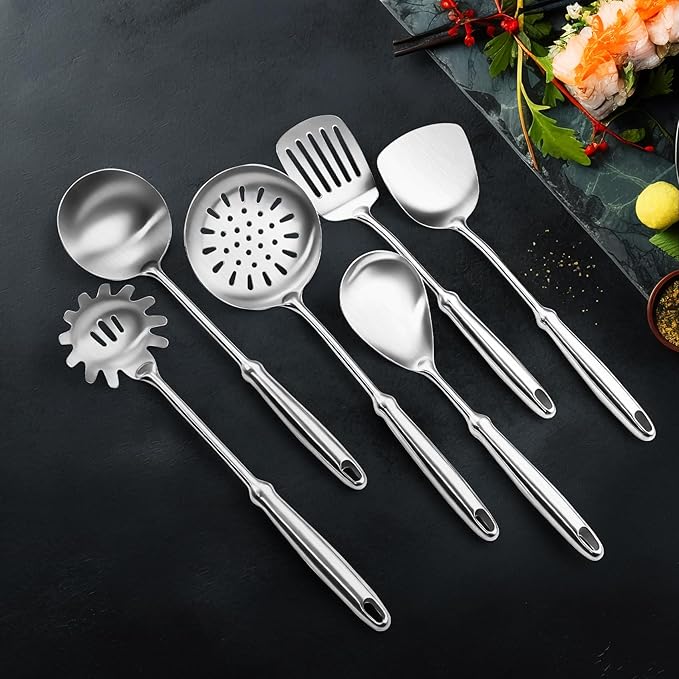 304 Stainless Steel Cooking Utensils Set,6 PCS Metal Cooking Utensils Set,Large Spoon,Spaghetti Spoon,Wok Spatula,Skimmer,Soup Ladle etc(Dishwasher Safe)