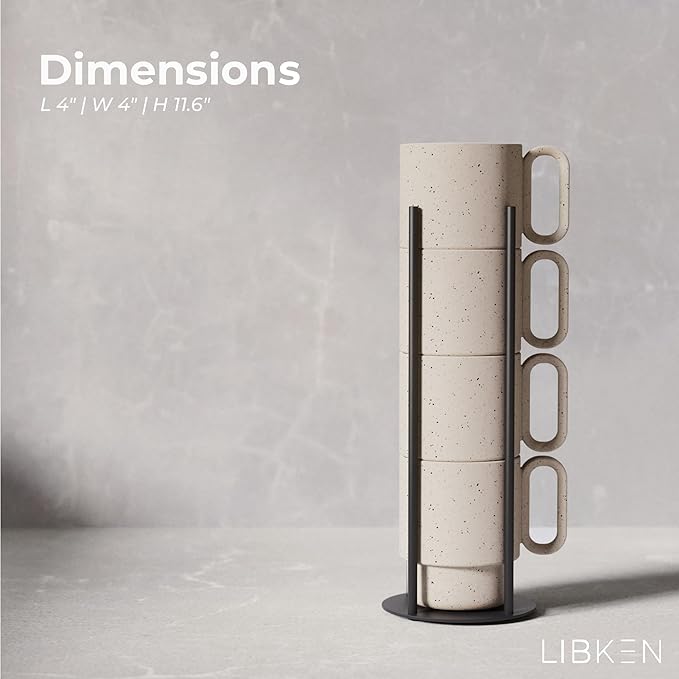 Stackable Coffee Mug Set with Black Stand - 4x8oz Ceramic Mugs with Unique Sprinkled Optics - Powder Coated Metal Rack - Dishwasher-Safe - Microwave & Oven - Scandinavian Minimal Design