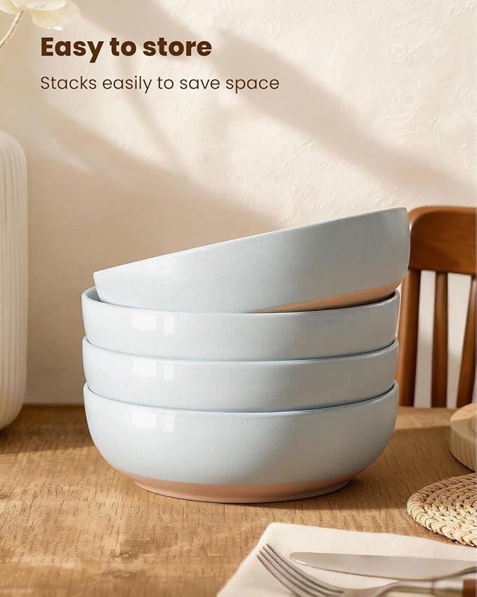 Metflavor Pasta Bowls Set of 4, 34oz Speckled Ceramic Bowls Set for Serving Salad, Pasta, Soup, Dinner, 8" Wide and Deep Bowls, Dishwasher & Microwave Safe, Matte Terracotta Base (Gray White)