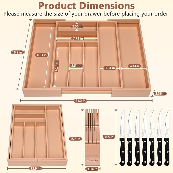9-Piece Bamboo Kitchen Drawer Organizer Set, Expandable Silverware &Utensil Organizer with Removable Knife Block & Steak Knives, Flatware Organization, Tableware Dividers Storage(Brown)