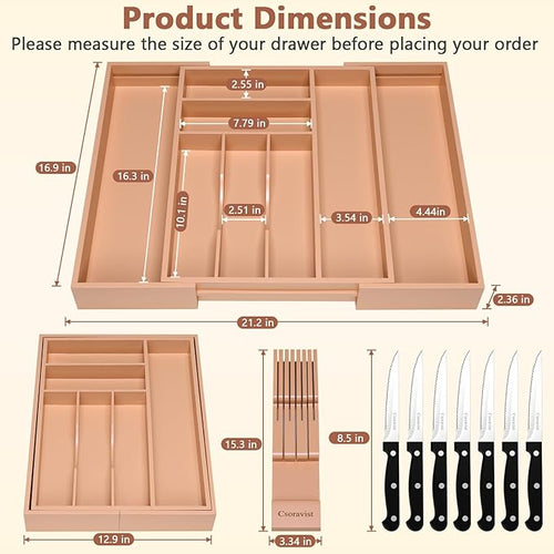 9-Piece Bamboo Kitchen Drawer Organizer Set, Expandable Silverware &Utensil Organizer with Removable Knife Block & Steak Knives, Flatware Organization, Tableware Dividers Storage(Brown)