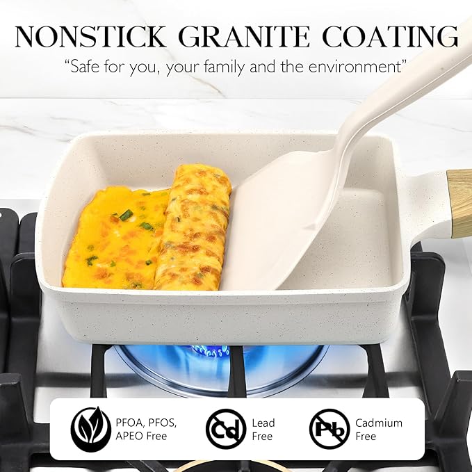 GiPP Japanese Omelette Pan, Tamagoyaki Egg Pan, Nonstick Egg Frying Pan, Rectangle Granite Cookware, PFOS & PFOA Free, White