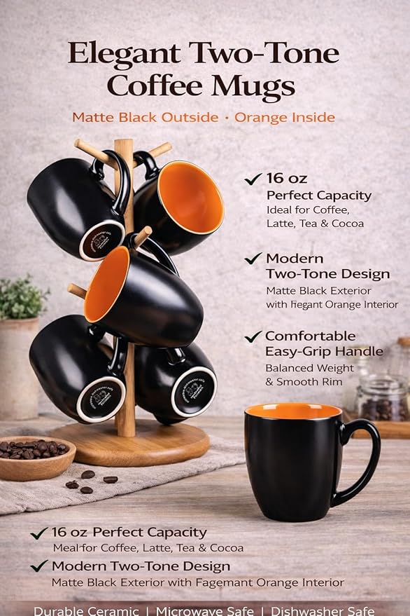 GBhome 16oz Coffee Mugs Set of 6, Large Ceramic Coffee Mugs for Man, Woman, Dad, Mom, Modern Coffee Mugs Set with handle for Tea/Latte/Cappuccino/Milk/Cocoa. Dishwasher&Microwave Safe,Orange