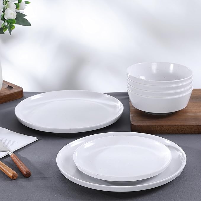Webbylee 12-Piece Melamine Dinnerware Set for 4 – Unbreakable Plates & Bowls, Lightweight, Two-Tone White & Grey, Ideal for Family Meals, Camping, Picnic, Parties