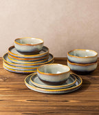 TheTerra Ceramic Dinnerware Sets for 4, 12 Pieces Handmade Reactive Glaze Plates and Bowls Sets, Scratch Resistant Dish Set, Oven & Microwave & Dishwasher Safe, Brown Blue