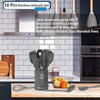 Silicone Kitchen Utensils Set, 16-Piece Silicone Cooking Utensils by Deedro, Heat Resistant Kitchen Tools Set with Holder, Nonstick Spatula Kitchen Gadgets for Cooking & Baking, Gray