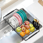 Urackify Expandable in Sink Dish Drying Rack - Adjustable Dish Rack Over Sink, Rustproof Dish Drainer for Kitchen Counter, Dish Strainer with Utensil Holder, Fit Kitchen for 13"-18"