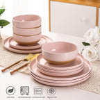 AmorArc Ceramic Dinnerware Sets for 4, 12 Pieces Handpainted Plates and Bowls Set with Rustic Terracotta Underside, Scratch Resistant Stoneware Dishes Set, Dishwasher & Microwave Safe, Cloud Pink