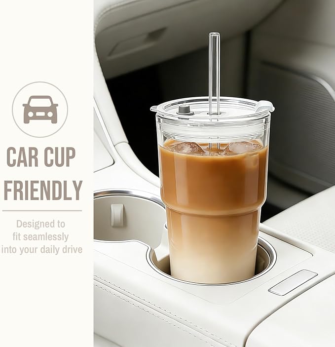 SoulTimes 20oz Glass Tumbler with Lid and Glass Straw –Set of 2, Clear Reusable Iced Coffee Cup, Drinking Glass for Coffee, Tea, Juice, Smoothies – Durable & Elegant Glassware