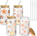 Mumufy 4 Pack Bridesmaid Glass Tumbler Gifts Cute Boho Floral 16oz Iced Coffee Cups with Bamboo Lids and Straws Elegant Bridal Party Proposal and Wedding Shower Gifts