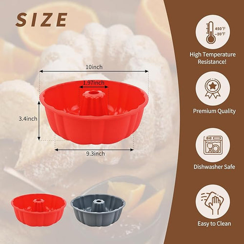 2 Pack Silicone Cake Pan Nonstick,10 Inch, Silicone Cake Molds,Pound Cake Pan, Baking for Jello,Gelatin,Cake,Brownie and Bread (Red+Grey)