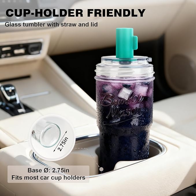 ANOTION 2pc Glass Tumbler with Lids and Straws, Leakproof 24oz Mason Jar Cups, Cap Cup Leak-Proof, Self-Assembly Silicone Straw, Reusable Iced Coffee Smoothie Matcha Cup Aesthetic Coffee Gifts Women