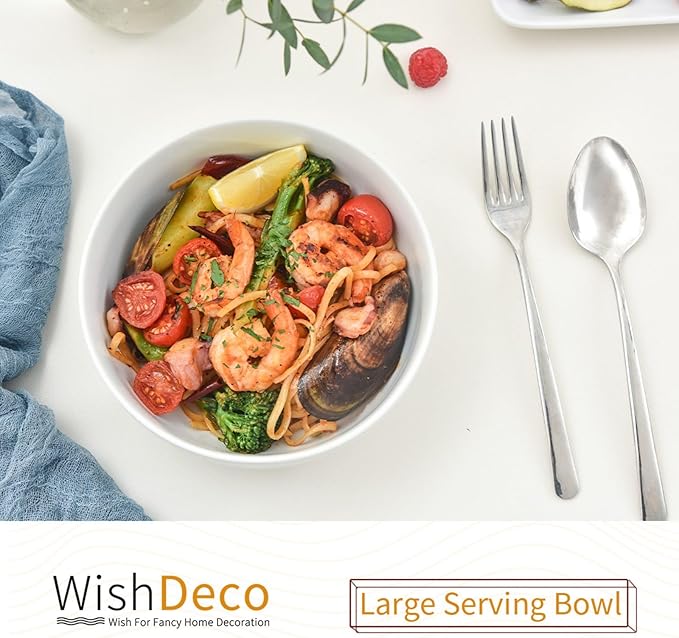 WishDeco Large Soup Bowls Set of 3, Ceramic Salad Bowls 37 oz, White Pasta Bowls 7 inch, Serving Bowl for Cereal, Noodle Ramen, Pho, Fruit