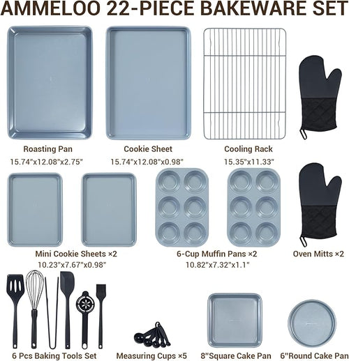 Ammeloo 22-Piece Baking Pans Set Stackable Bakeware Non Stick Baking Set Non Toxic Oven Pans, Including Roasting Pan, Cookie Sheets, Muffin Pans, Cake Pans, Oven Mitts and Utensils(Gray & Stone Black)