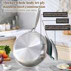 DELARLO Tri-Ply Stainless Steel Pan, 18/10 Frying Pan, Oven Safe Up to 600°F, Nontoxic Cookware, Compatible with All Cooktops Skillet, Durable, Fast Even Heat Fry Pan,12.5 inch Steel Frying Pan
